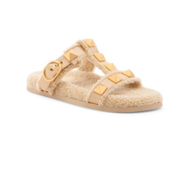 NIB Valentino Garavani Roman Stud Faux Shearling Slide Sandal Slippers Beige 5.5 - Picture 6 of 7